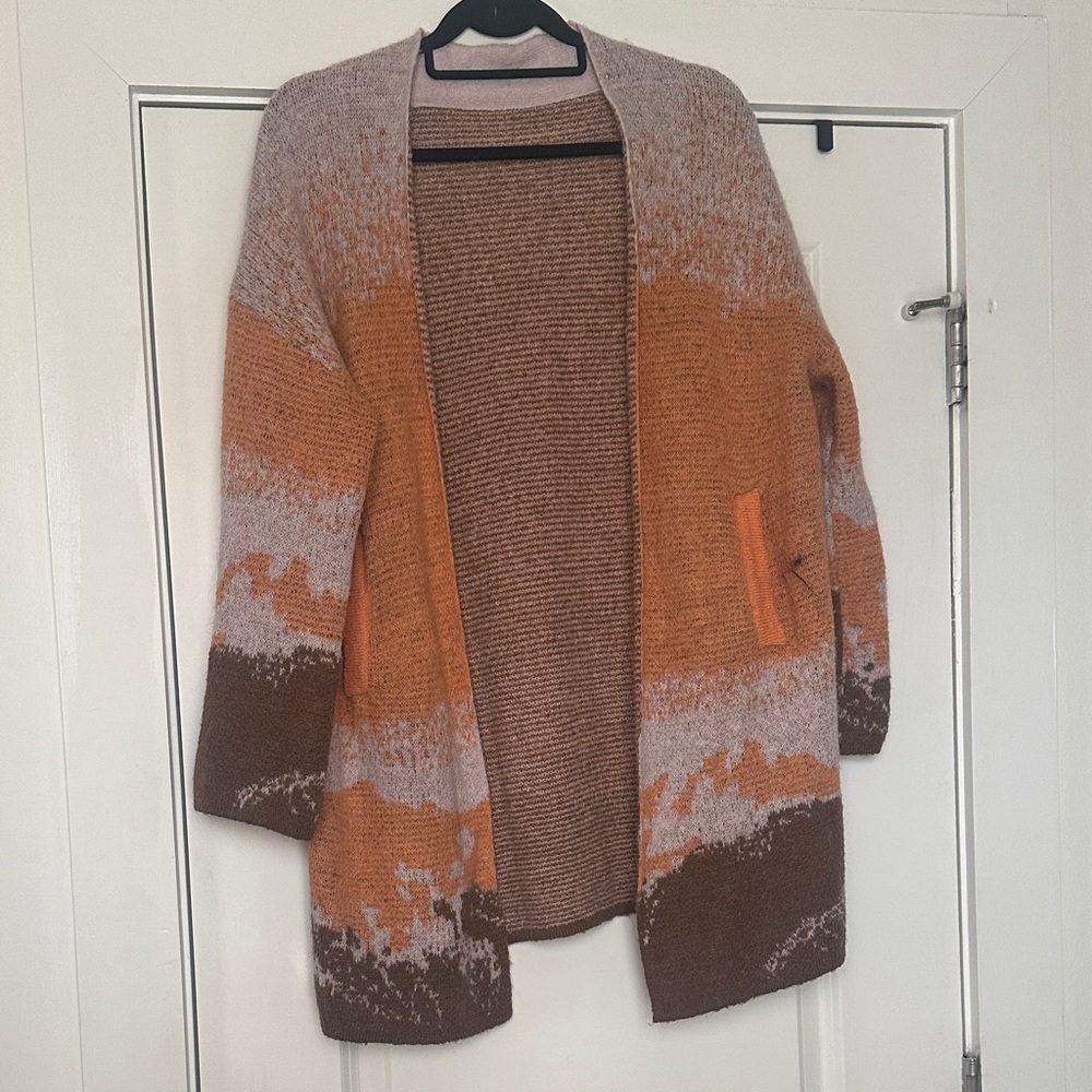 Open-Front Colorblock Knit Cardigan - Orange/Brown/Cream